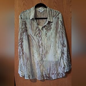 Northern Reflections Sheer Button Down - Mint Green, Cream and Brown Blouse